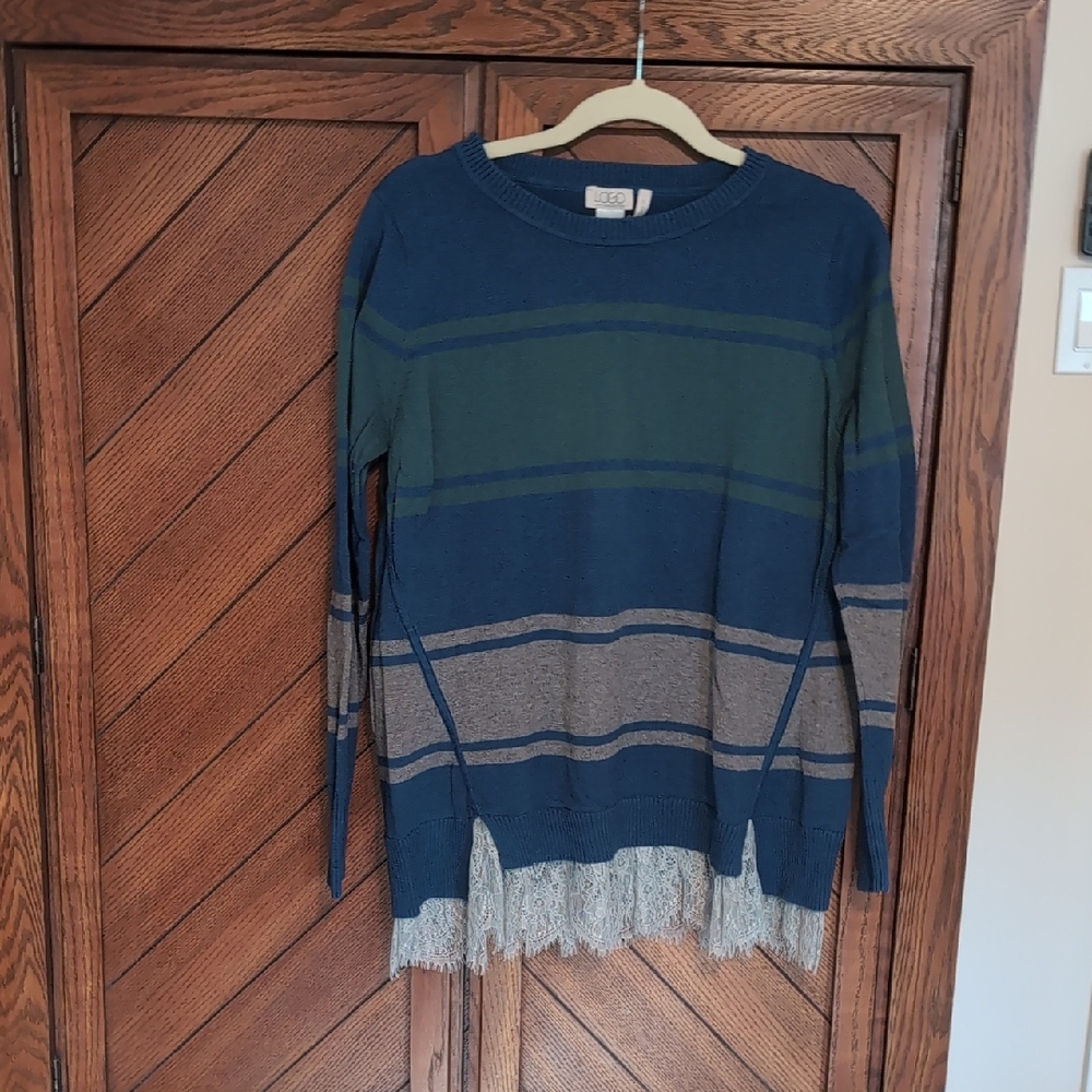 Logo By Lori Goldstein Blue And Green Sweater With Lace Trim On Bottom.